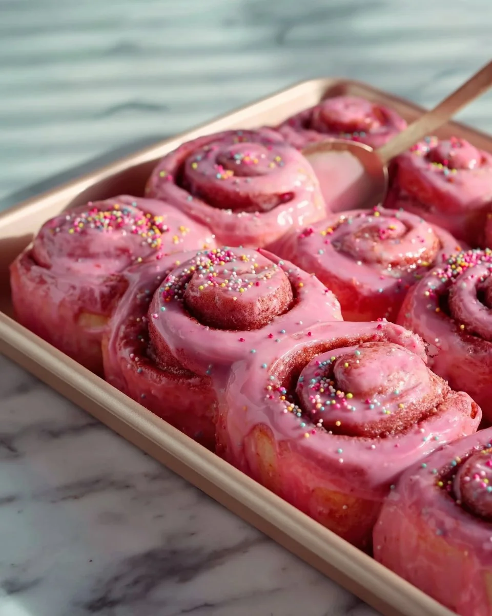 Delicious Pink Velvet Cinnamon Rolls topped with cream cheese frosting