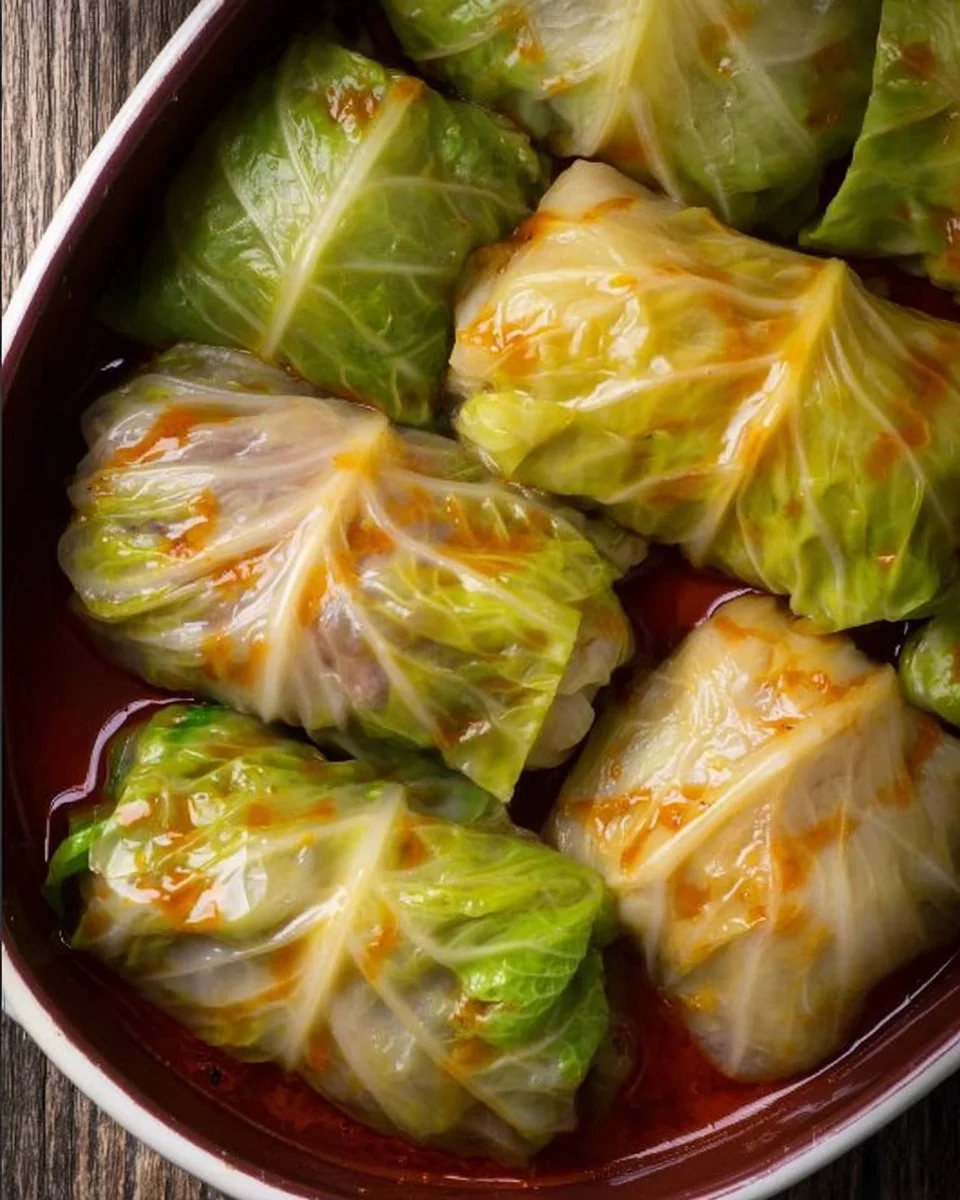A plate of traditional Polish cabbage rolls filled with meat and rice