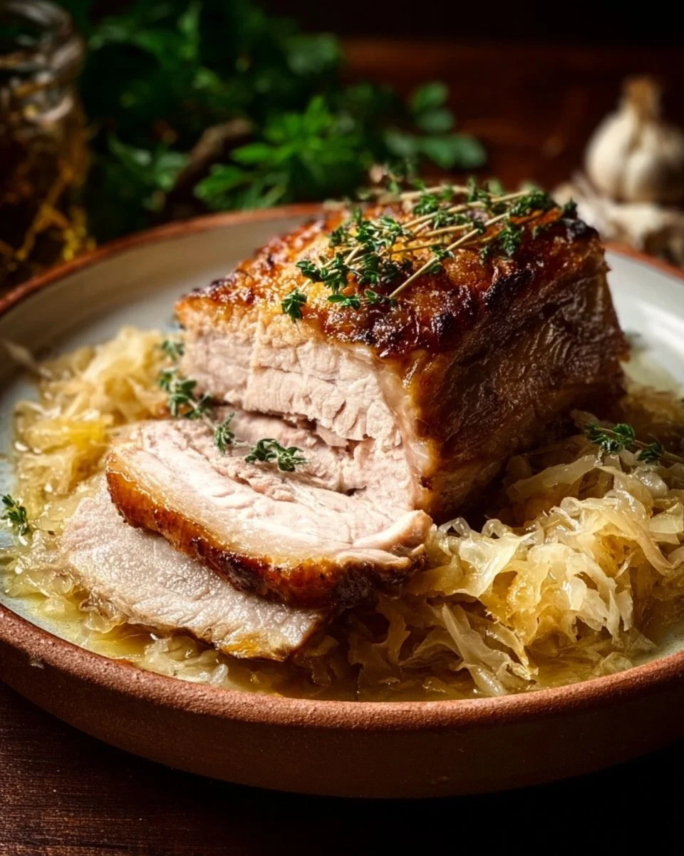 Delicious pork roast served with sauerkraut on a rustic table setting