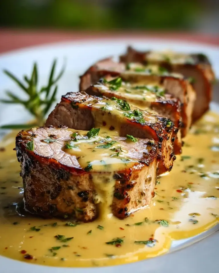 Pork tenderloin with Dijon sauce served on a plate
