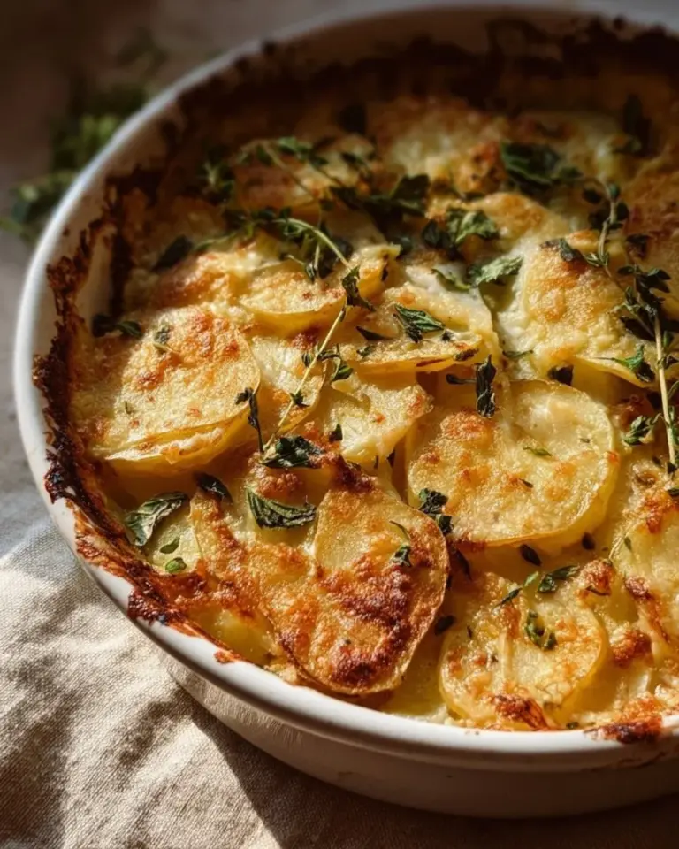 Delicious Potato & Spinach Gratin dish served in a baking dish