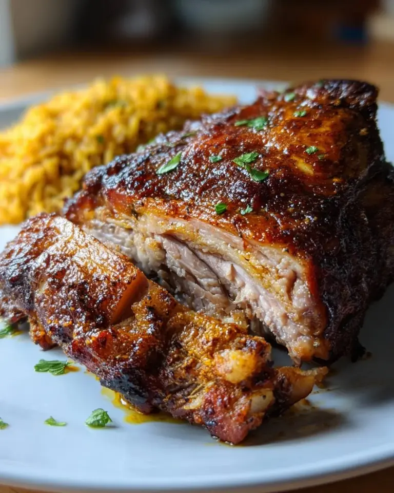 Delicious Puerto Rican Pernil served with rice and beans