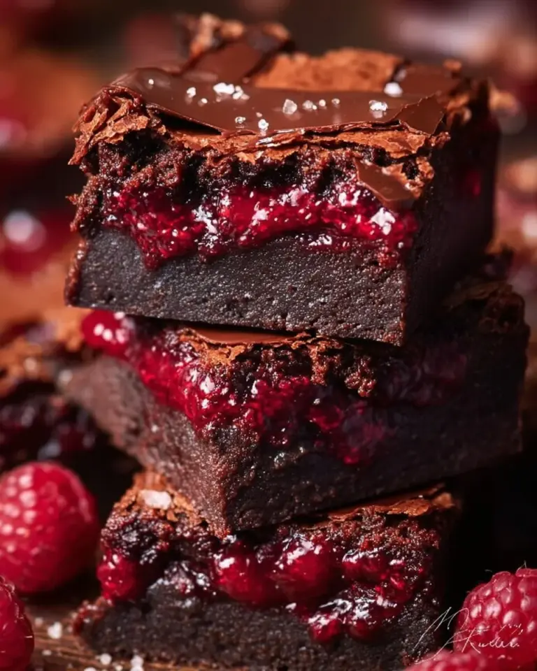 Delicious raspberry chocolate brownies topped with fresh raspberries