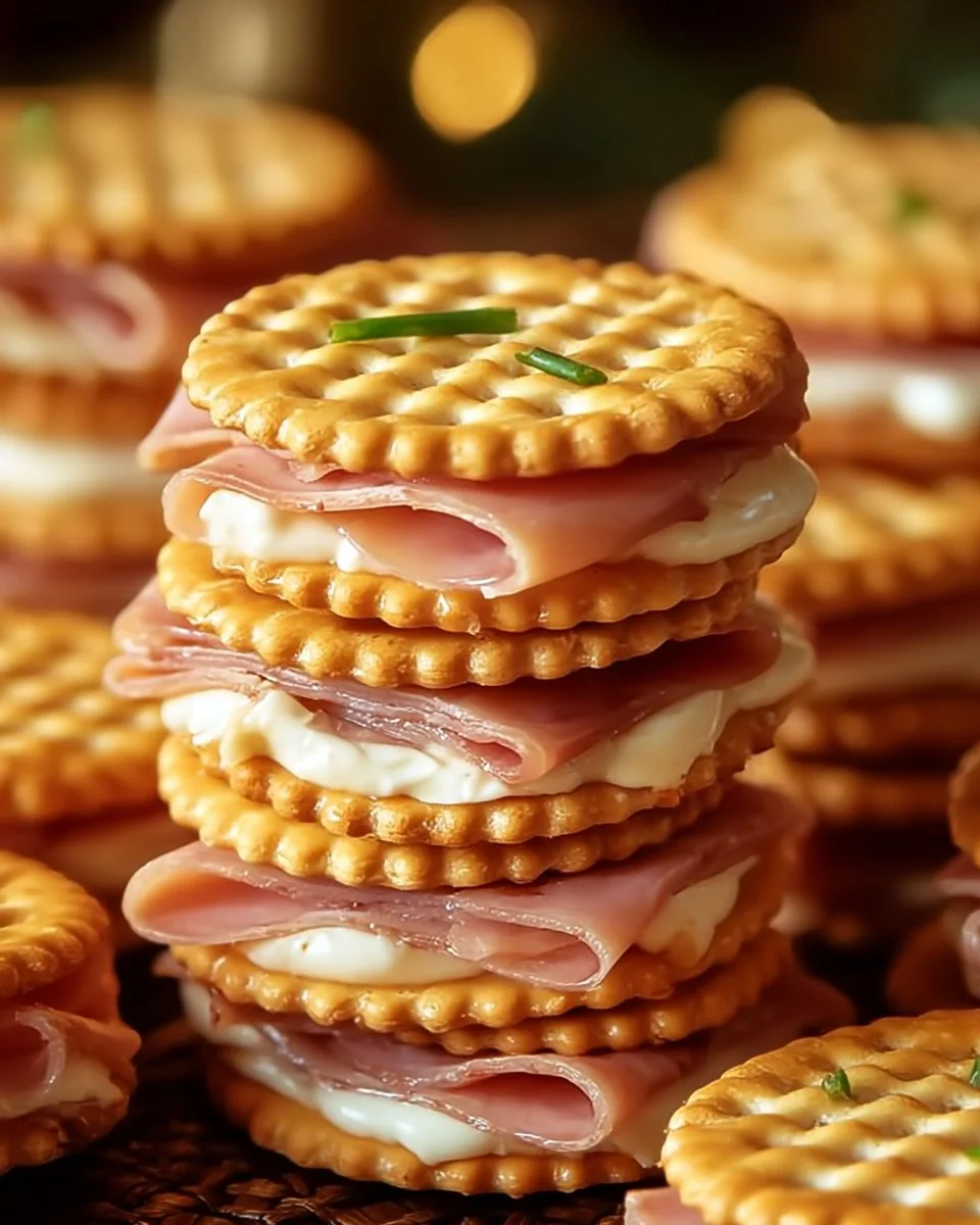 Ritz Cracker party sandwiches arranged on a serving platter.