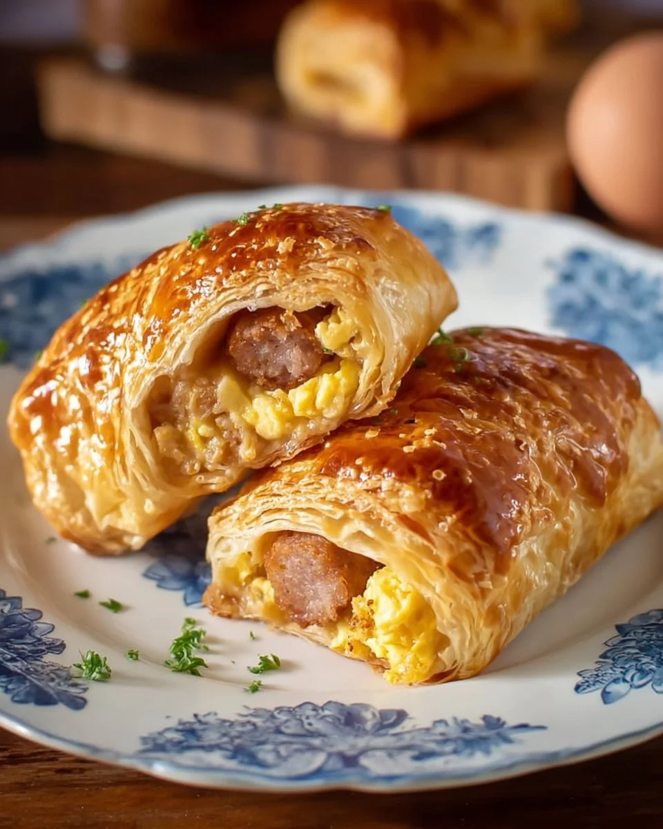 Delicious sausage egg breakfast roll-ups ready to eat.