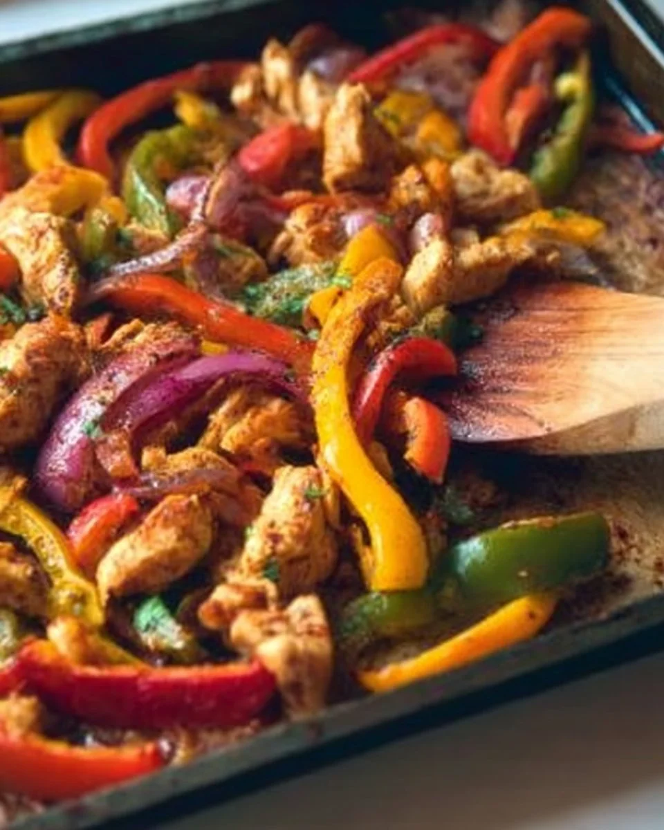 Sheet pan chicken fajitas with colorful bell peppers and spices