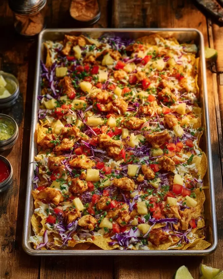 Sheet Pan Chicken served with vibrant Pineapple Salsa on a rustic table.