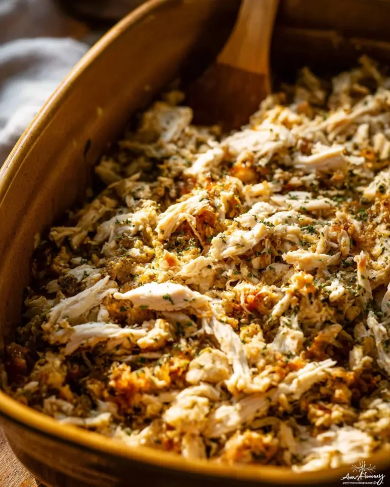 Plate of slow cooker chicken and stuffing garnished with herbs