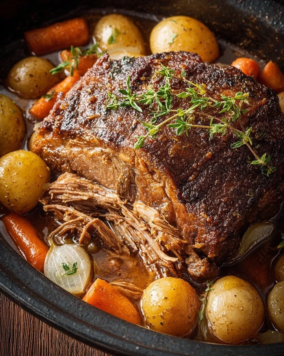 Tender slow cooker pork roast with vegetables and herbs