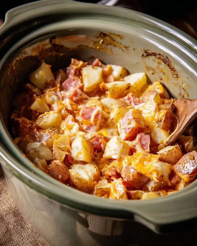 Slow cooker scalloped potatoes with ham served in a bowl