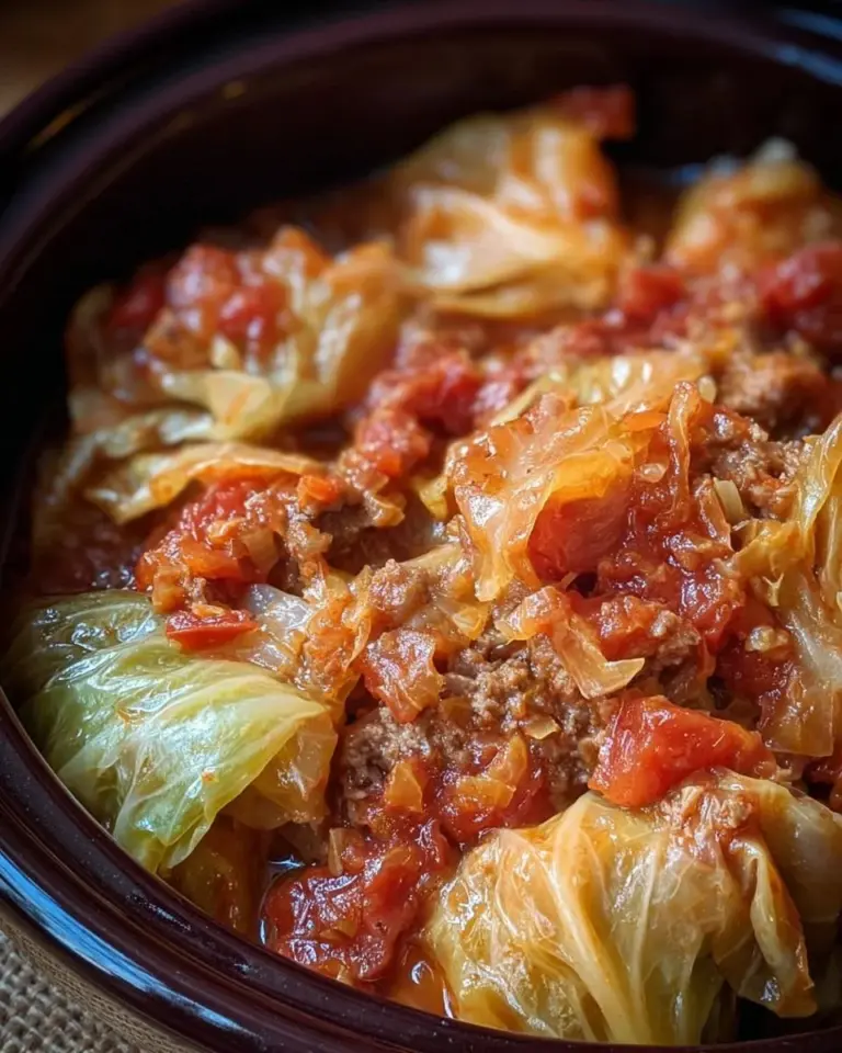 Slow cooker unstuffed cabbage rolls served in a bowl