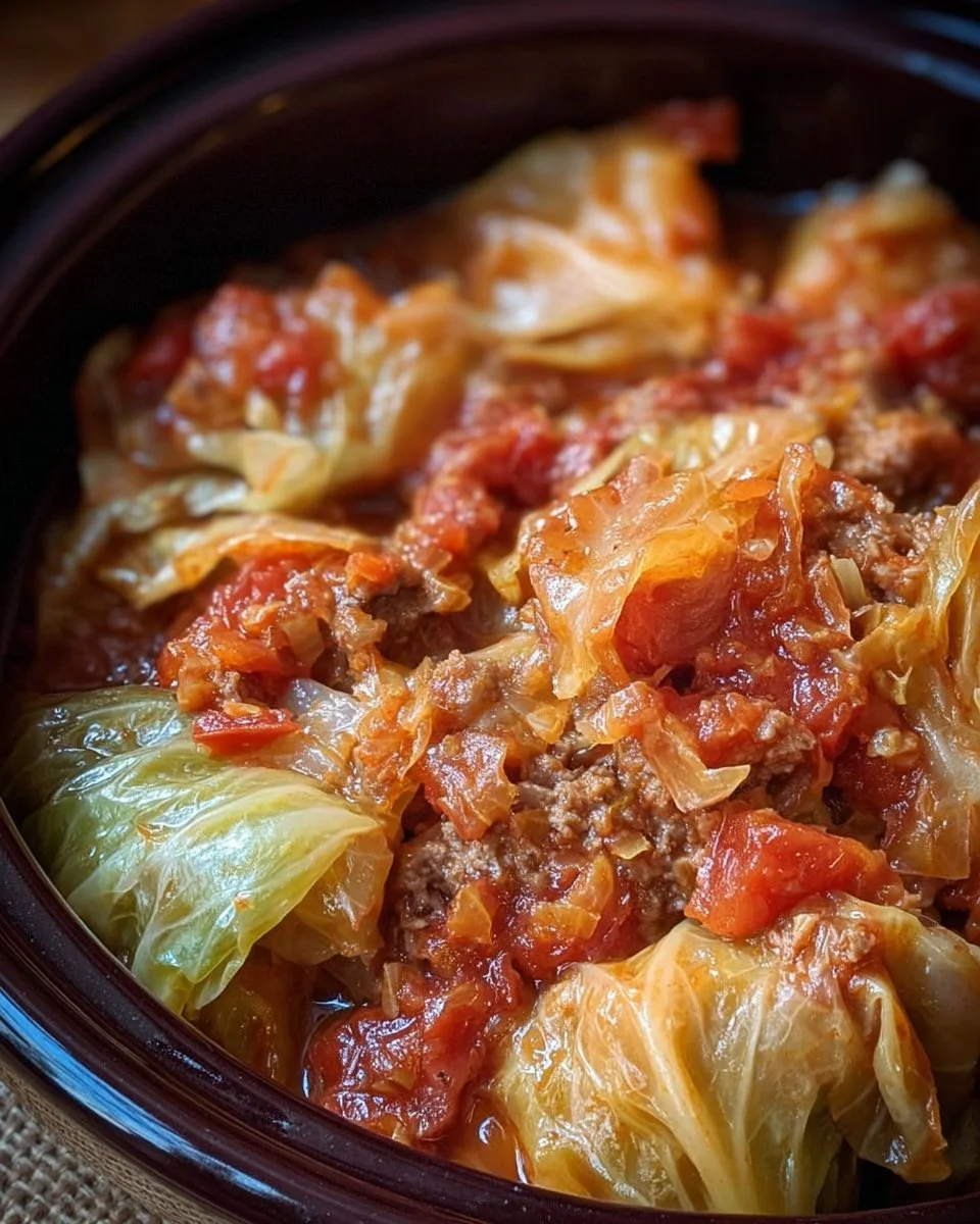 Slow cooker unstuffed cabbage rolls served in a bowl