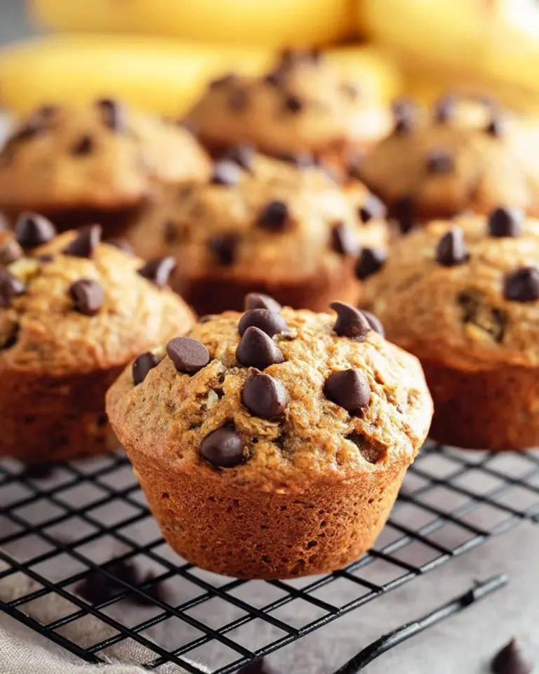 Delicious spelt muffins with banana and chocolate chips on a wooden table