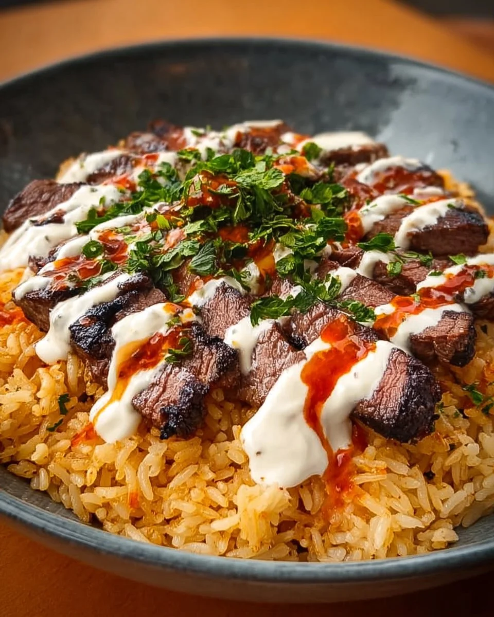 Steak Queso Rice Bowl with tender steak, creamy queso, and flavorful rice