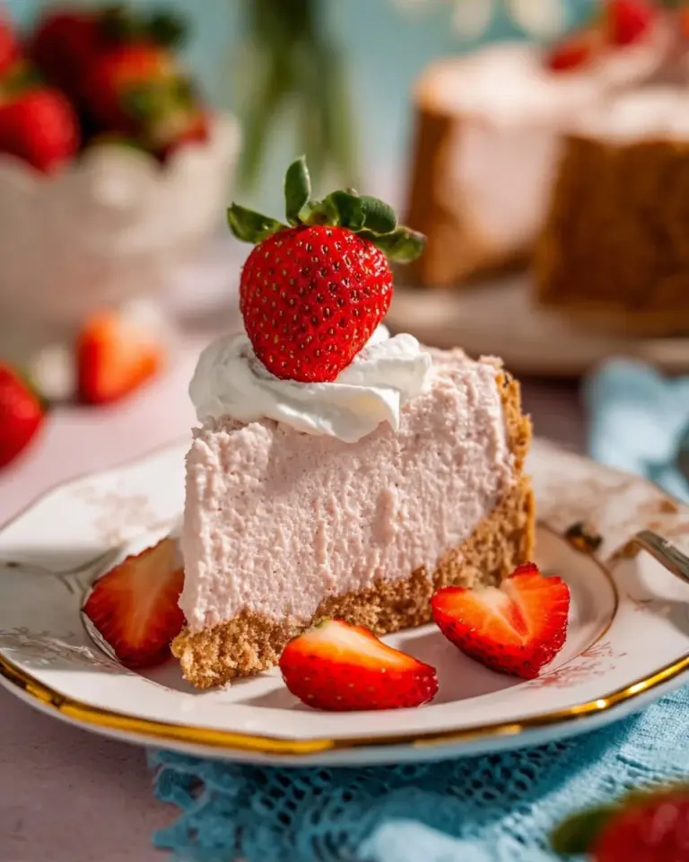 Delicious strawberry angel food cake topped with fresh strawberries and whipped cream