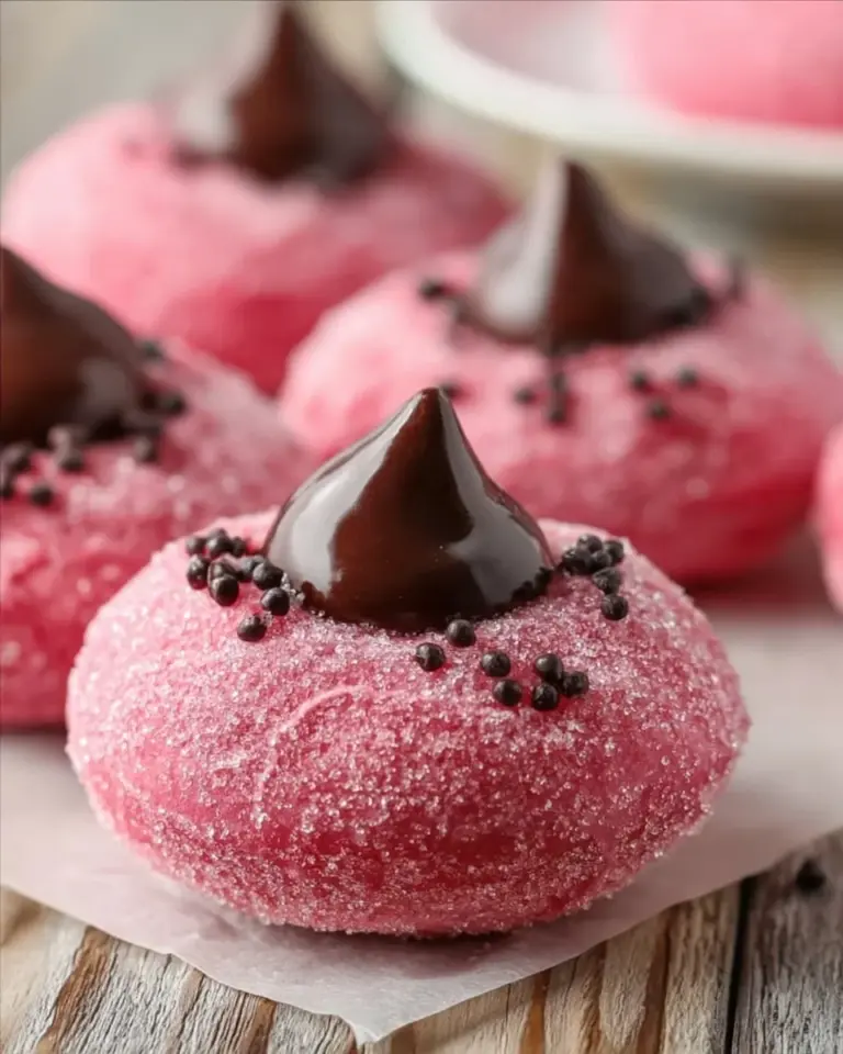 Freshly baked strawberry kiss cookies topped with strawberry candy.