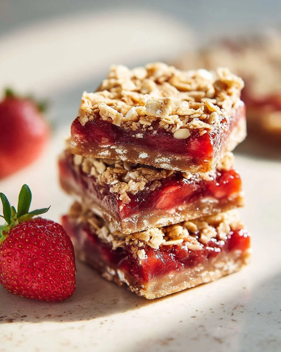Homemade strawberry oatmeal bars with fresh strawberries and oats