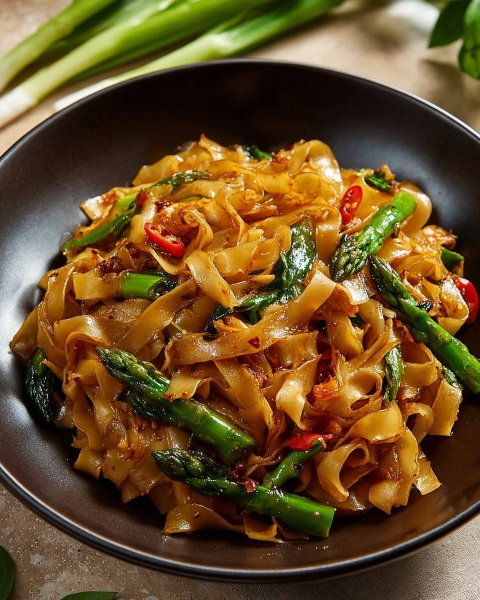 Delicious plate of Street Style Thai Drunken Noodles with fresh vegetables and basil