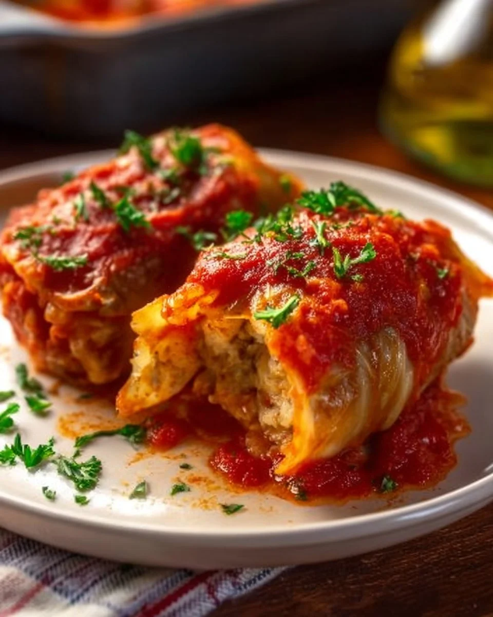 Delicious stuffed cabbage rolls filled with meat and rice on a plate