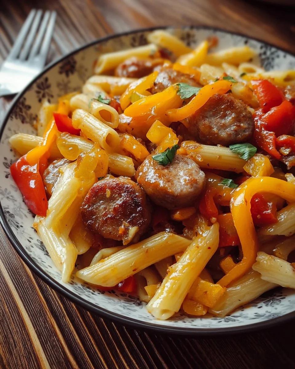 Plate of sweet pepper and sausage pasta garnished with fresh herbs