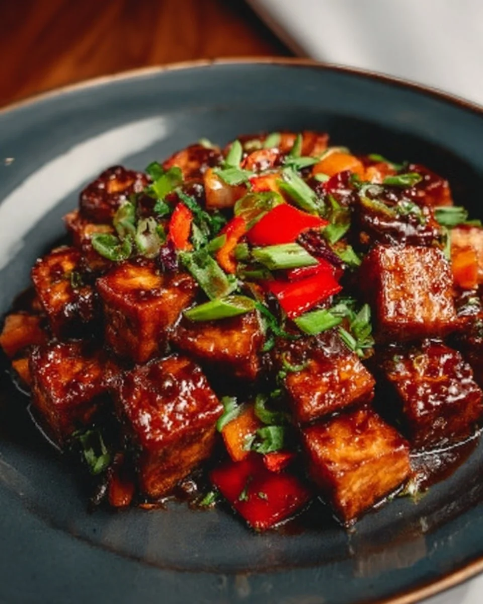 Delicious Szechuan Tofu stir-fry with spicy sauce and colorful vegetables