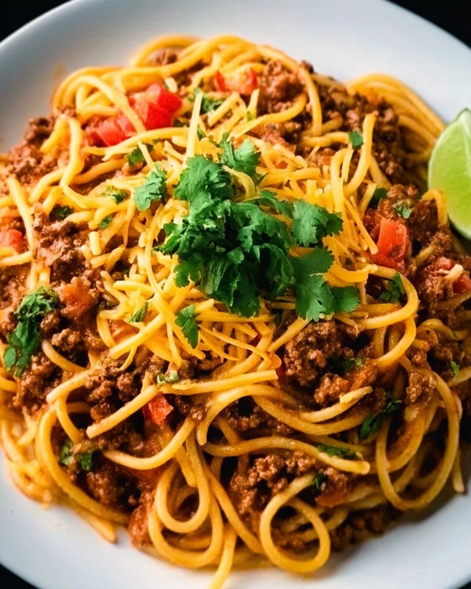 Bowl of Taco Spaghetti with cheese, tomatoes, and toppings