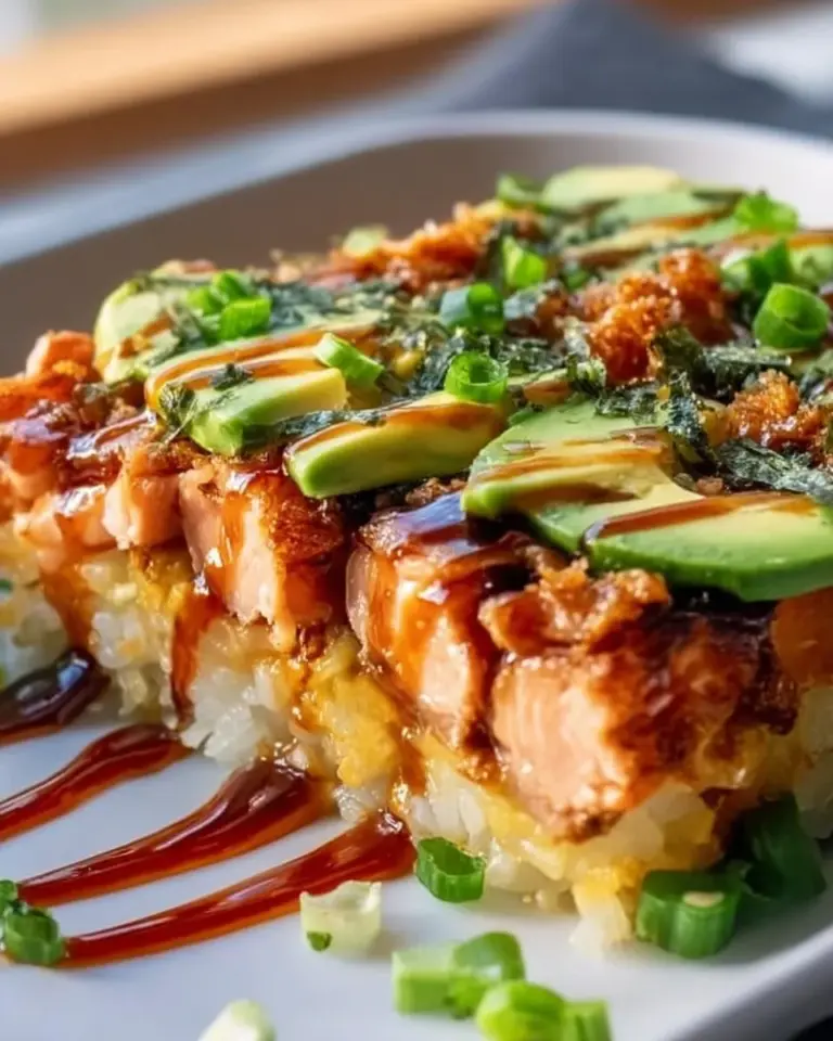 Baked teriyaki salmon sushi with rice and toppings in a casserole dish