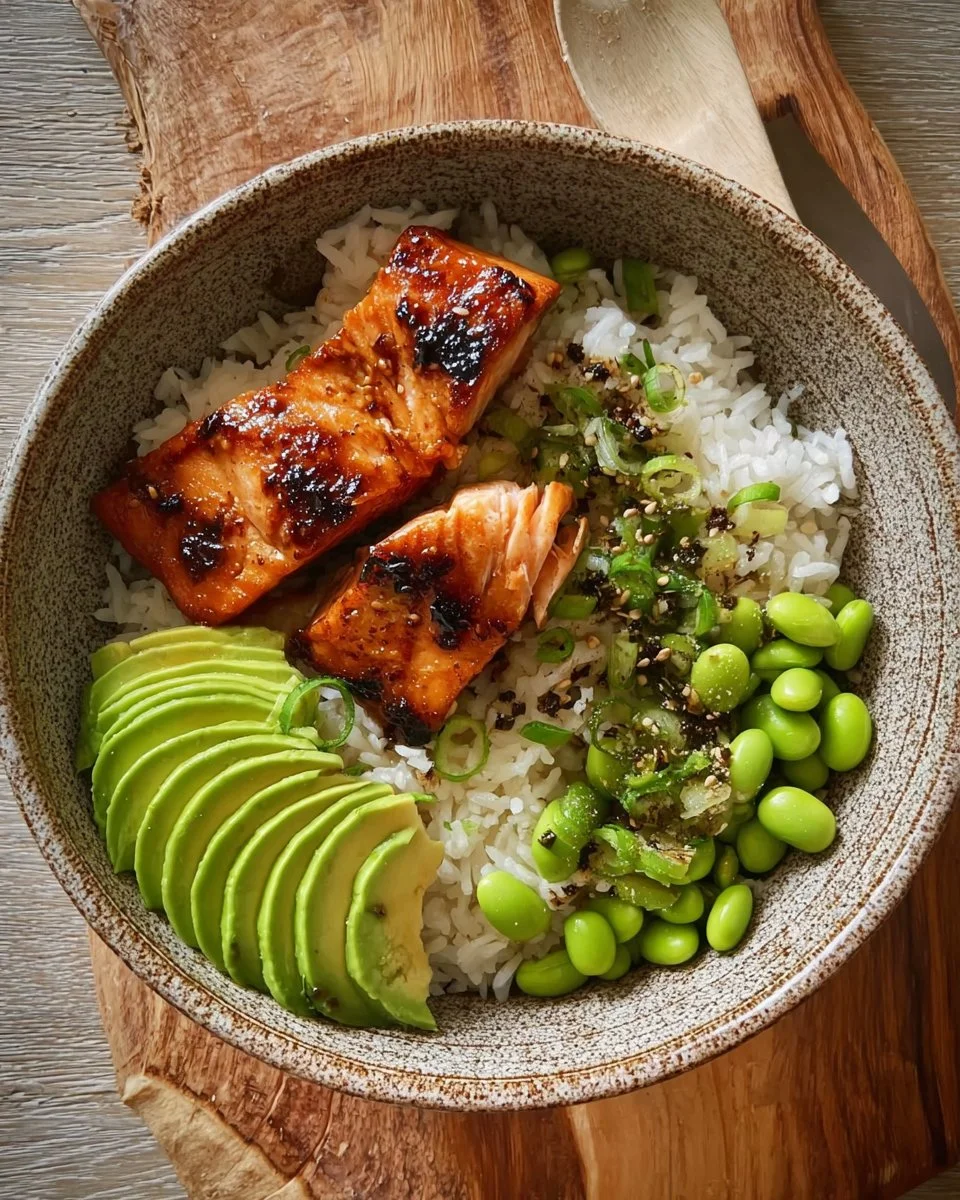 Delicious teriyaki salmon sushi bowl with fresh ingredients and toppings