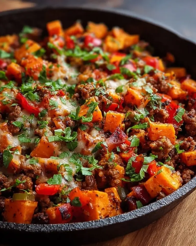 Tex-Mex sweet potato hash with ground beef in a vibrant skillet