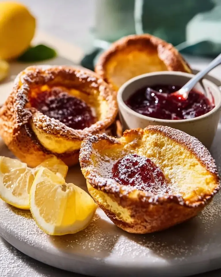 Mini Dutch baby pancakes topped with syrup and jam, perfect for breakfast.