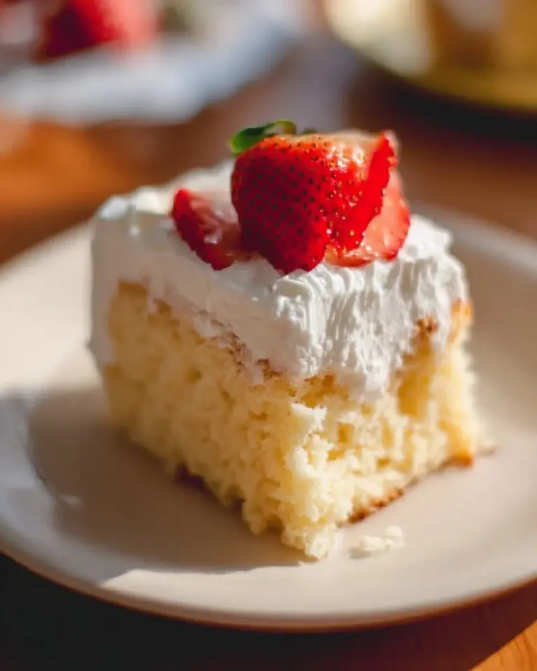 Delicious Three Milks cake topped with whipped cream and strawberries