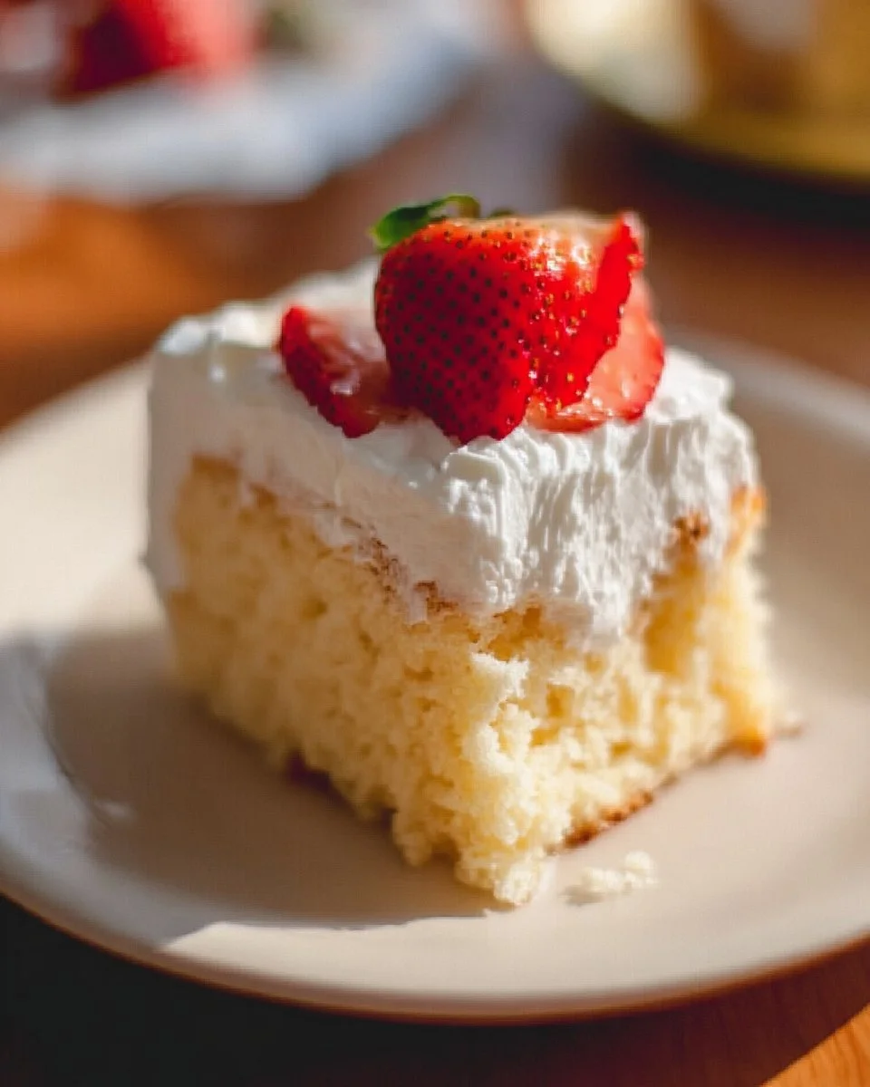 Delicious Three Milks cake topped with whipped cream and strawberries