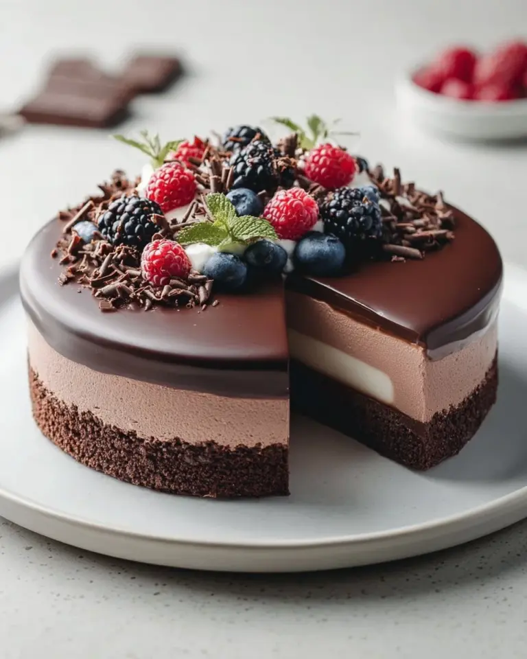 Triple Chocolate Mousse Cake with layers of rich chocolate and mousse