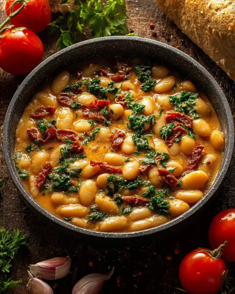 Delicious Tuscan Marry Me Butter Beans served in a white bowl with herbs.