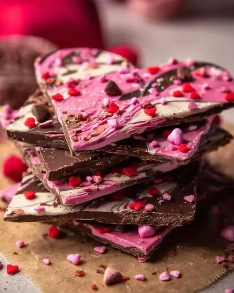Delicious Valentine's Day chocolate bark decorated with romantic toppings