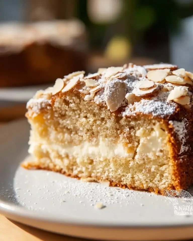 Delicious vegan almond coffee cake served on a rustic plate