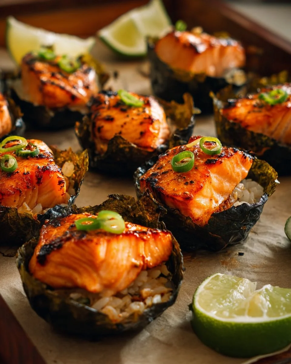 Viral easy baked salmon sushi bake cups served on a platter