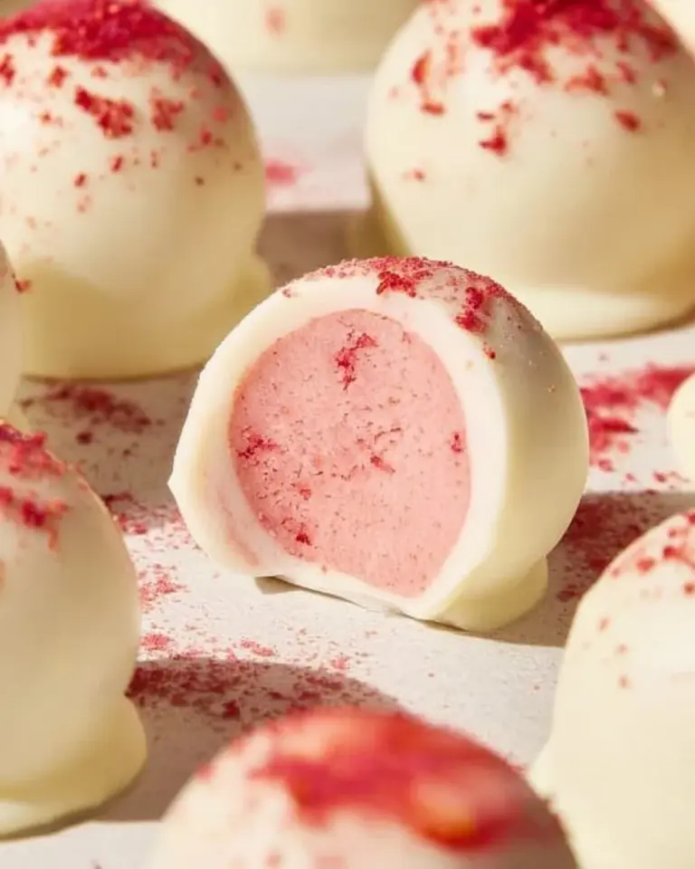 Delicious white chocolate strawberry truffles decorated with fresh strawberries