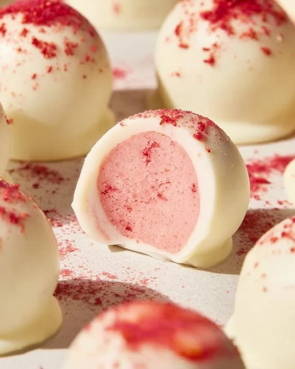 Delicious white chocolate strawberry truffles decorated with fresh strawberries