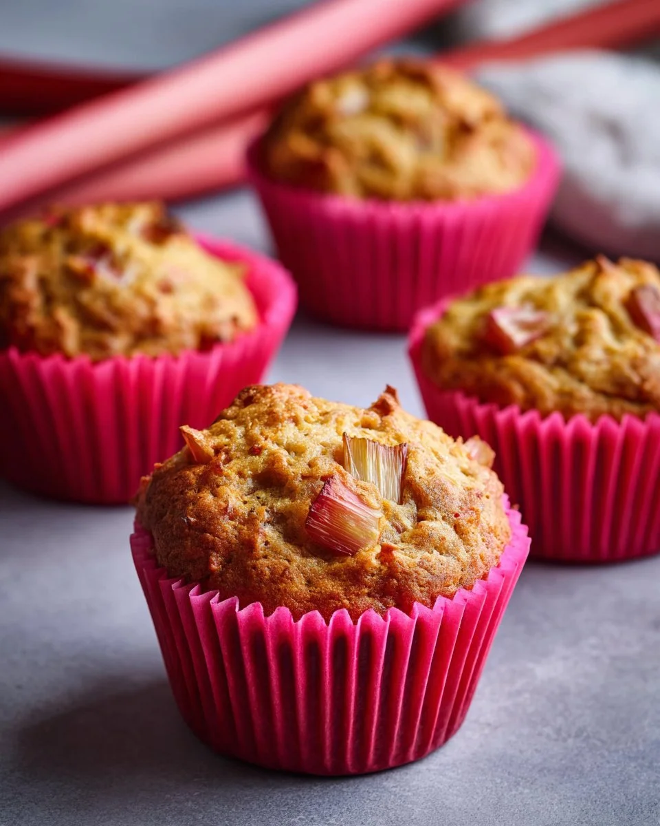 Delicious whole grain rhubarb muffins fresh out of the oven