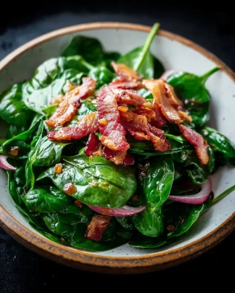 Wilted spinach salad topped with crispy bacon and drizzled with vinaigrette dressing.