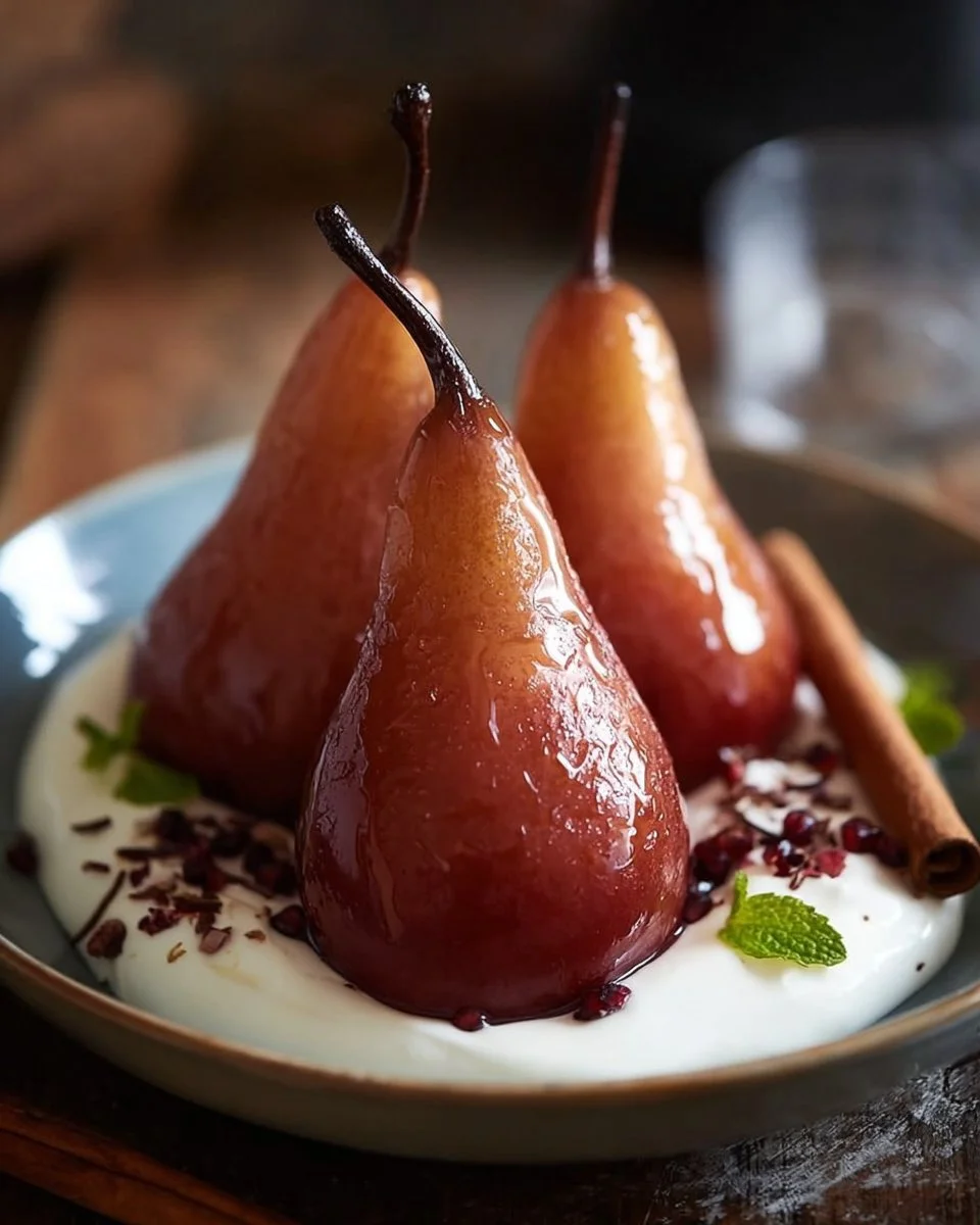Wine Poached Pears with Yogurt