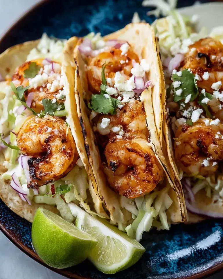 Zesty shrimp tacos served with fresh toppings and lime