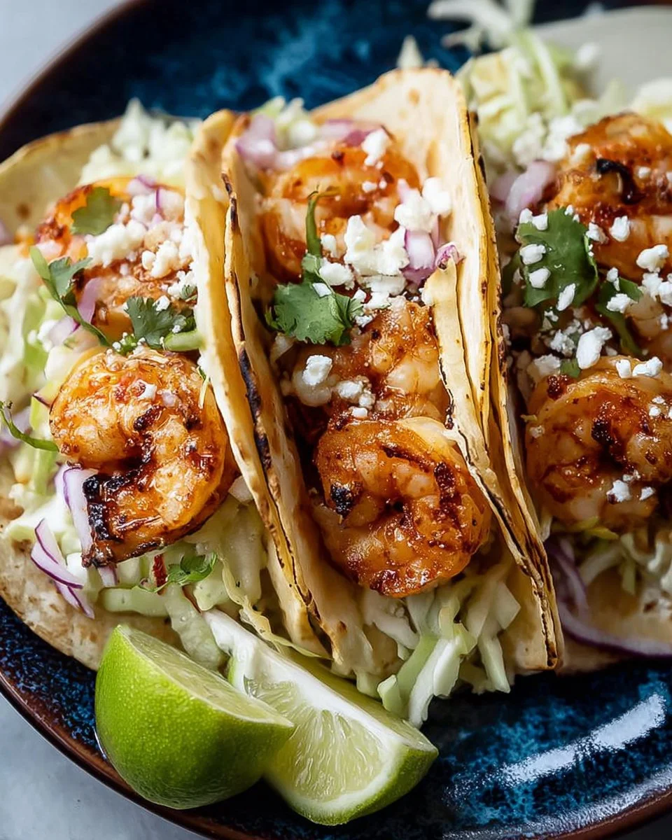 Zesty shrimp tacos served with fresh toppings and lime