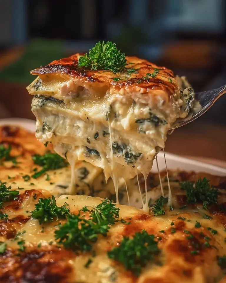 Delicious Alfredo Chicken Lasagna served in a creamy sauce