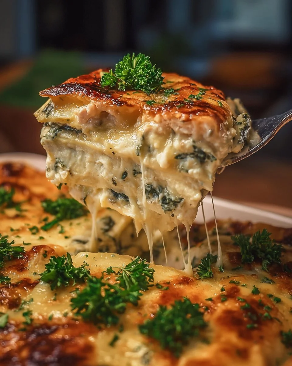 Delicious Alfredo Chicken Lasagna served in a creamy sauce