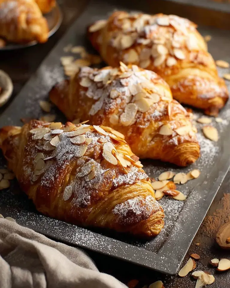 Freshly baked almond croissants with flaky layers and almond filling