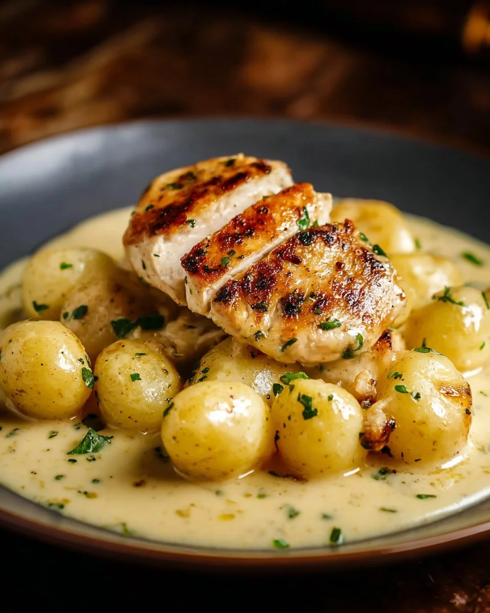 Asiago Chicken with Gnocchi served in a creamy sauce, garnished with herbs.