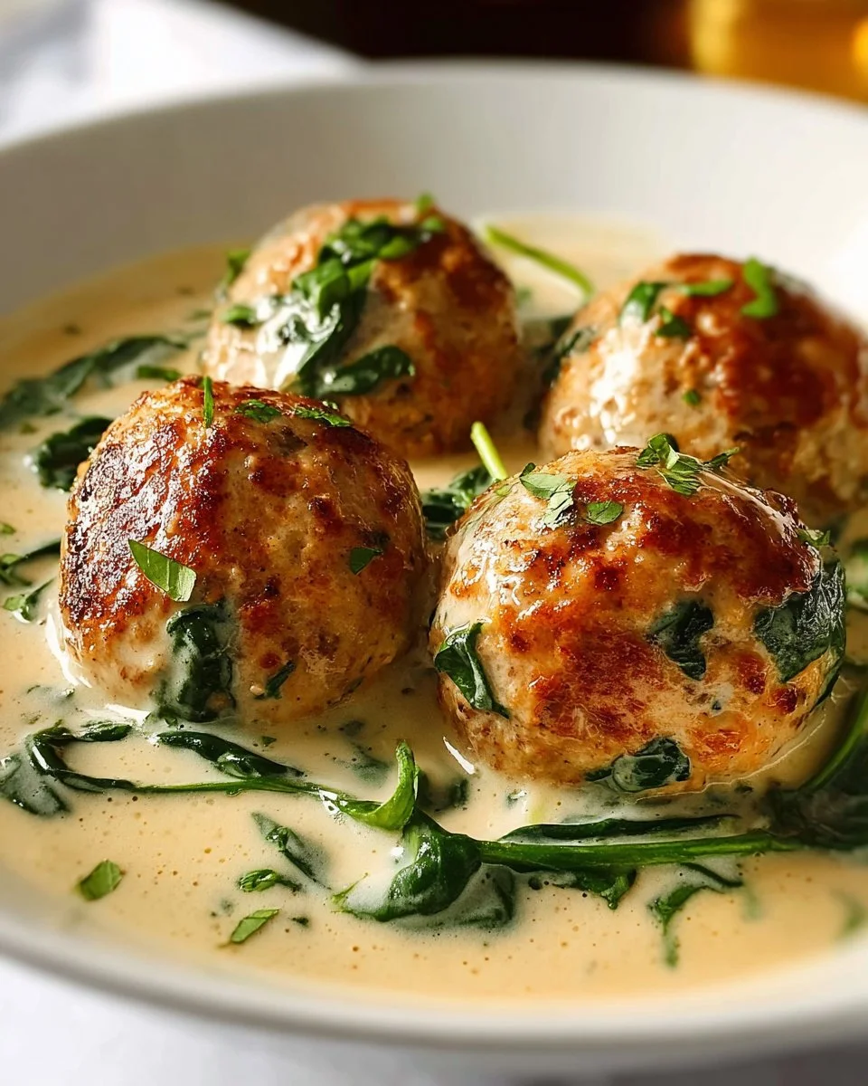 Baked chicken ricotta meatballs served on a plate with sauce