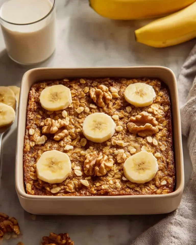 Delicious banana bread baked oats served in a bowl with sliced bananas on top
